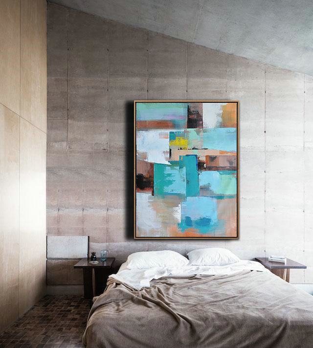 Acrylic Minimailist Painting,Vertical Palette Knife Contemporary Art,Xl Large Canvas Art,Green,Blue,Brown,Beige,Yellow.etc